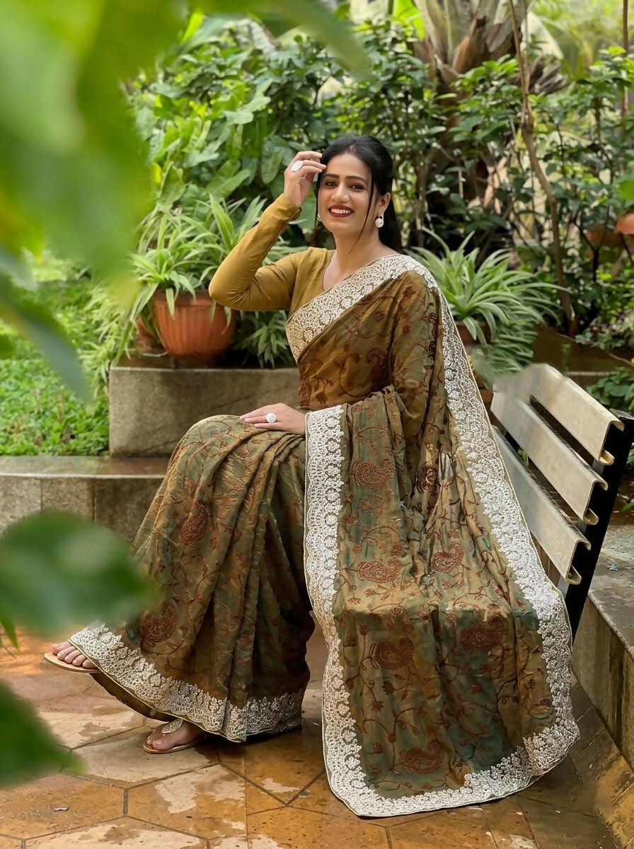 Teeya Creation New Trendy Latest Party Wear Two Tone Twill Net Saree-Gold | Grocsy