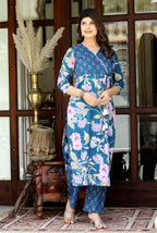 Miravan Women's Floral Block Printed Angrakha Kurta With Floral Palazzo | Grocsy