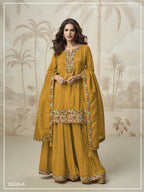 Anaita Mustard Simar with Embroidery Multi & Zarkhan Work Readymade Palazzo suit | Grocsy