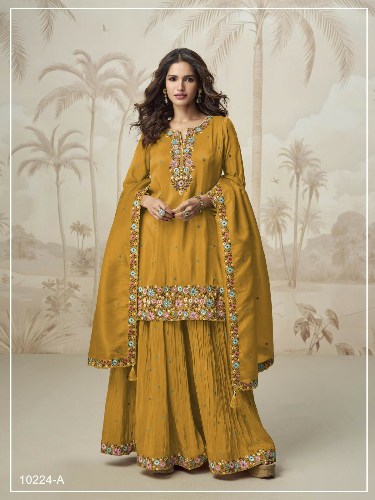 Anaita Mustard Simar with Embroidery Multi & Zarkhan Work Readymade Palazzo suit | Grocsy