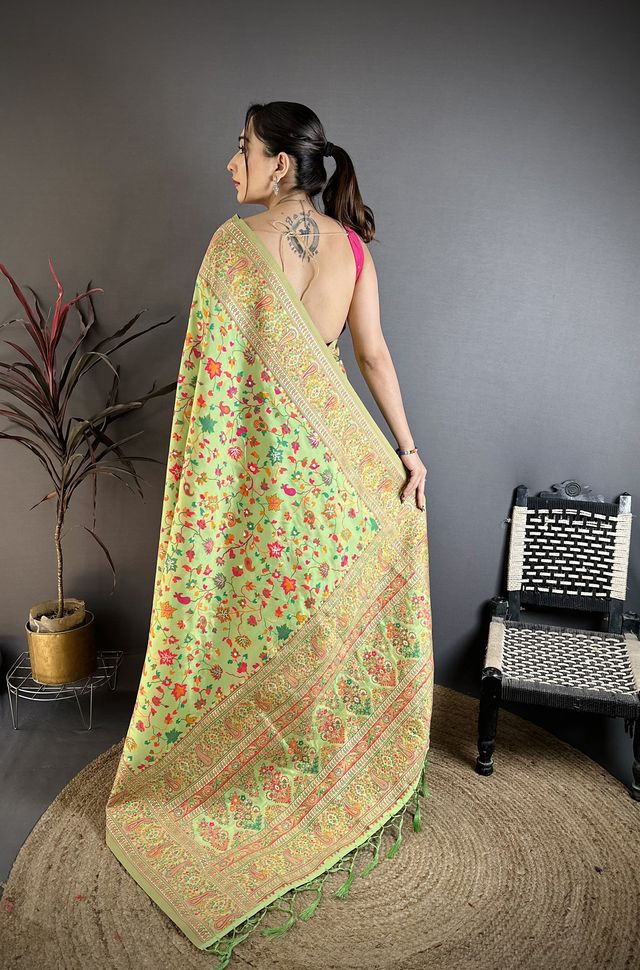 Elora Pastel Green Pashmina Silk Meenakari Weaving Madhubani Design Kashmiri Saree | Grocsy