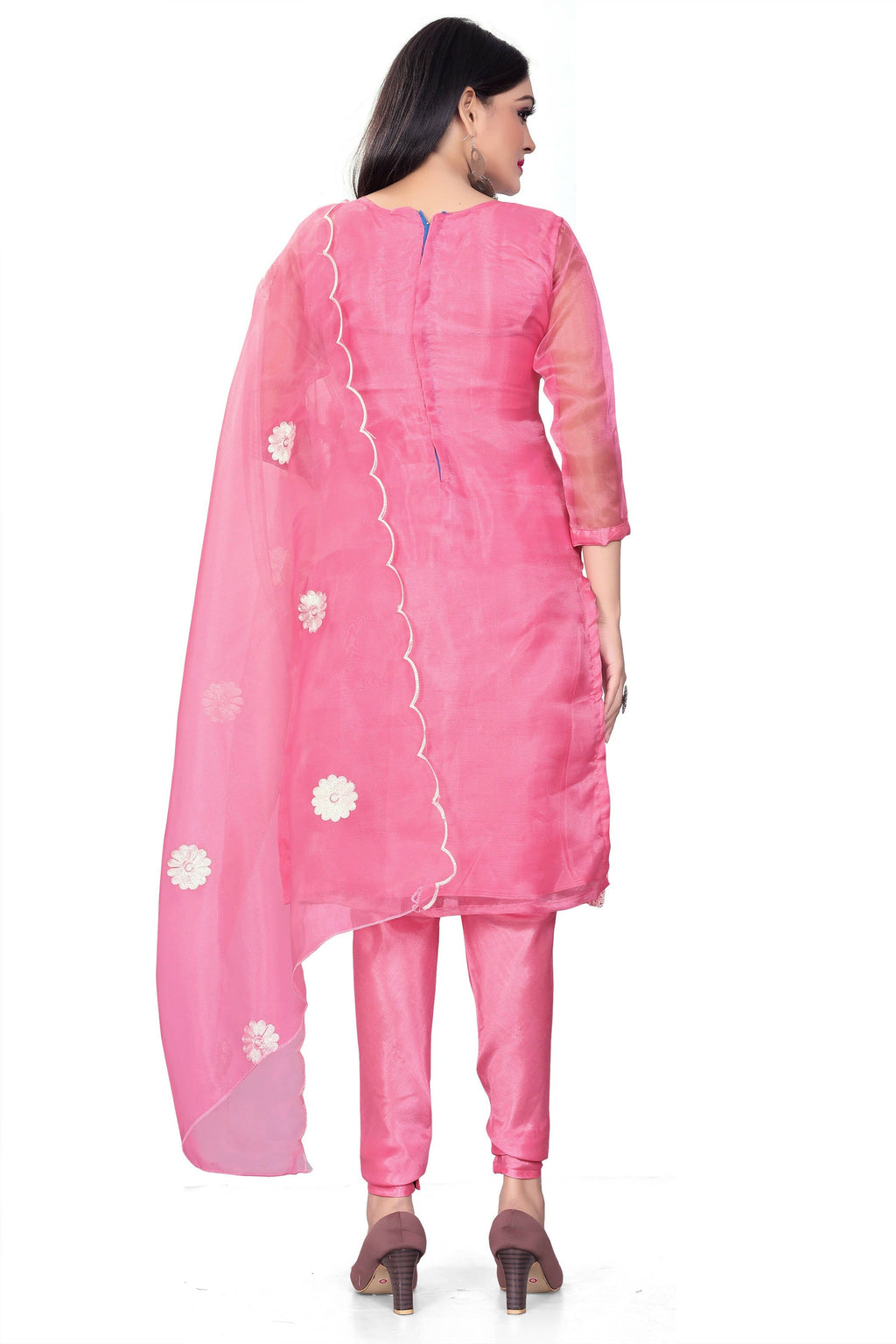 Pink Organza Silk Embroidered Work Unstitched Dress Material - Tanvi | Grocsy