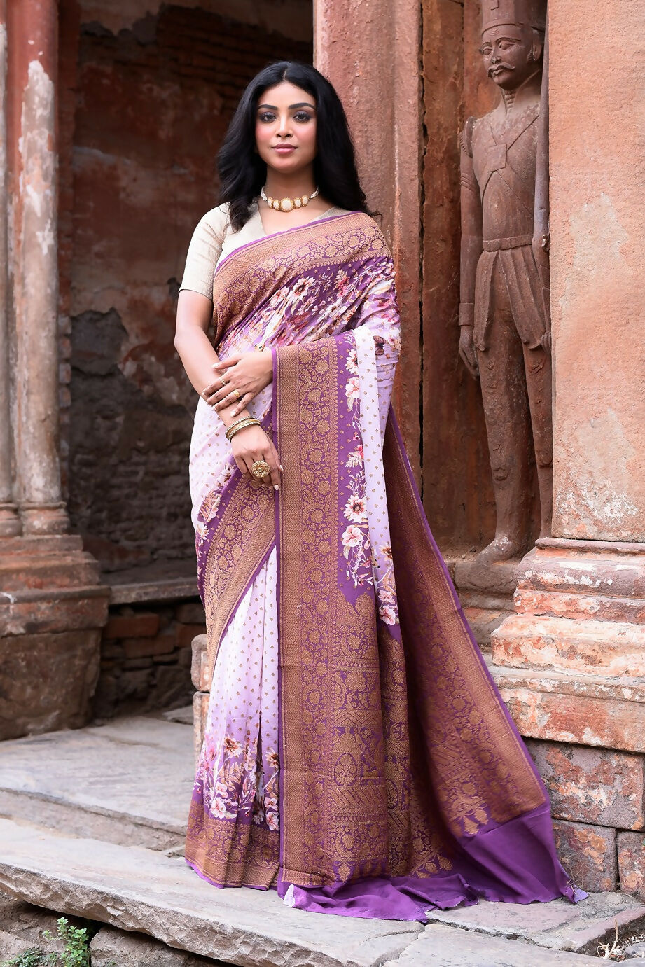 Joban Fashion Dark And Light Lilac Crepe Chiffon Pure Handloom Banarasi Silk Saree | Grocsy
