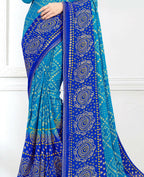 Sky Blue Georgette Bandhani Printed Saree With Unstitched Blouse Piece - Jyoti | Grocsy