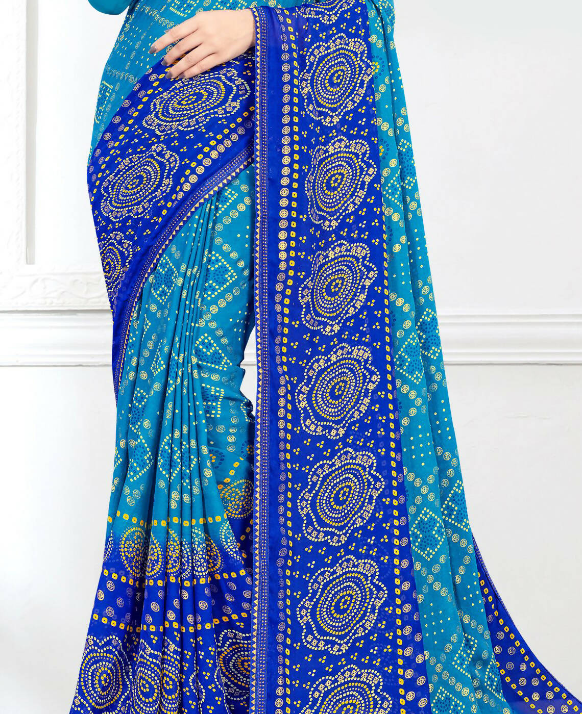 Sky Blue Georgette Bandhani Printed Saree With Unstitched Blouse Piece - Jyoti | Grocsy