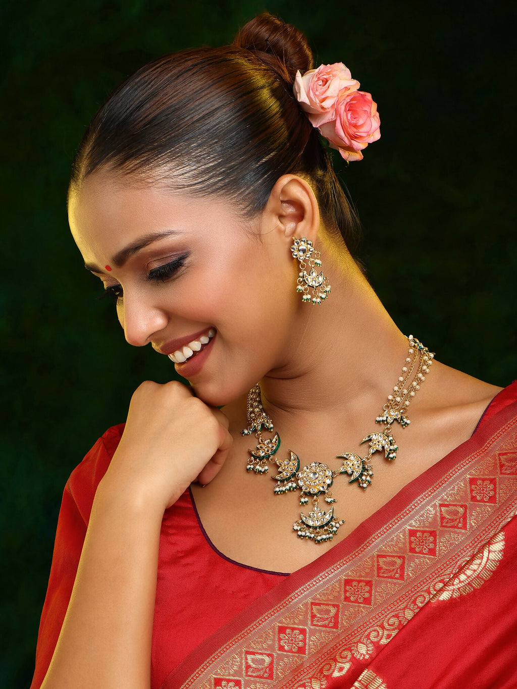 Ruby Raang 22k Gold Polished Kundan Necklace With Earrings | Grocsy