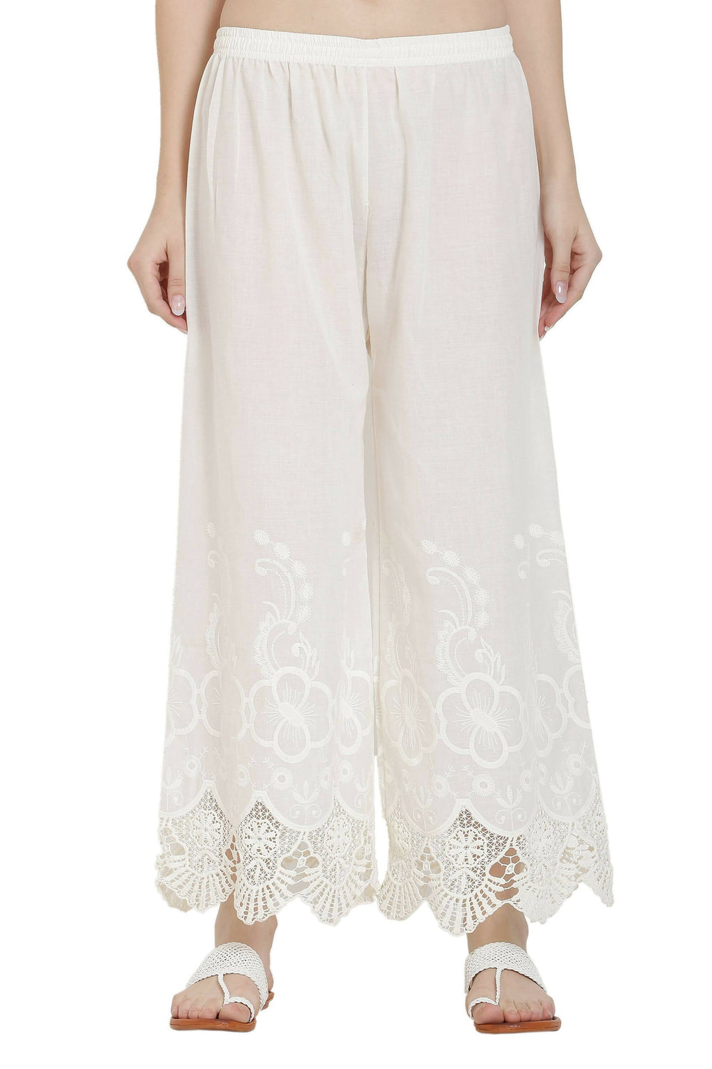PAVONINE White Color Chikankari Lace Scalloped Hem Cotton Fabric Sharara | Grocsy