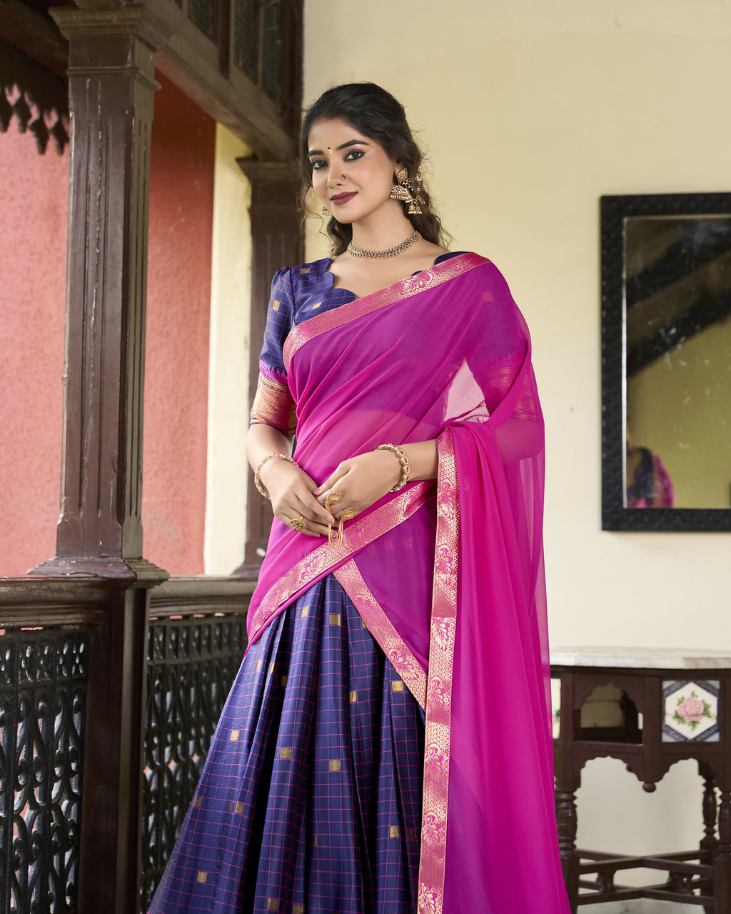 Lorenvalley Navyblue Cotton Silk Weaving Work With Paithani Concept Lehenga Choli | Grocsy