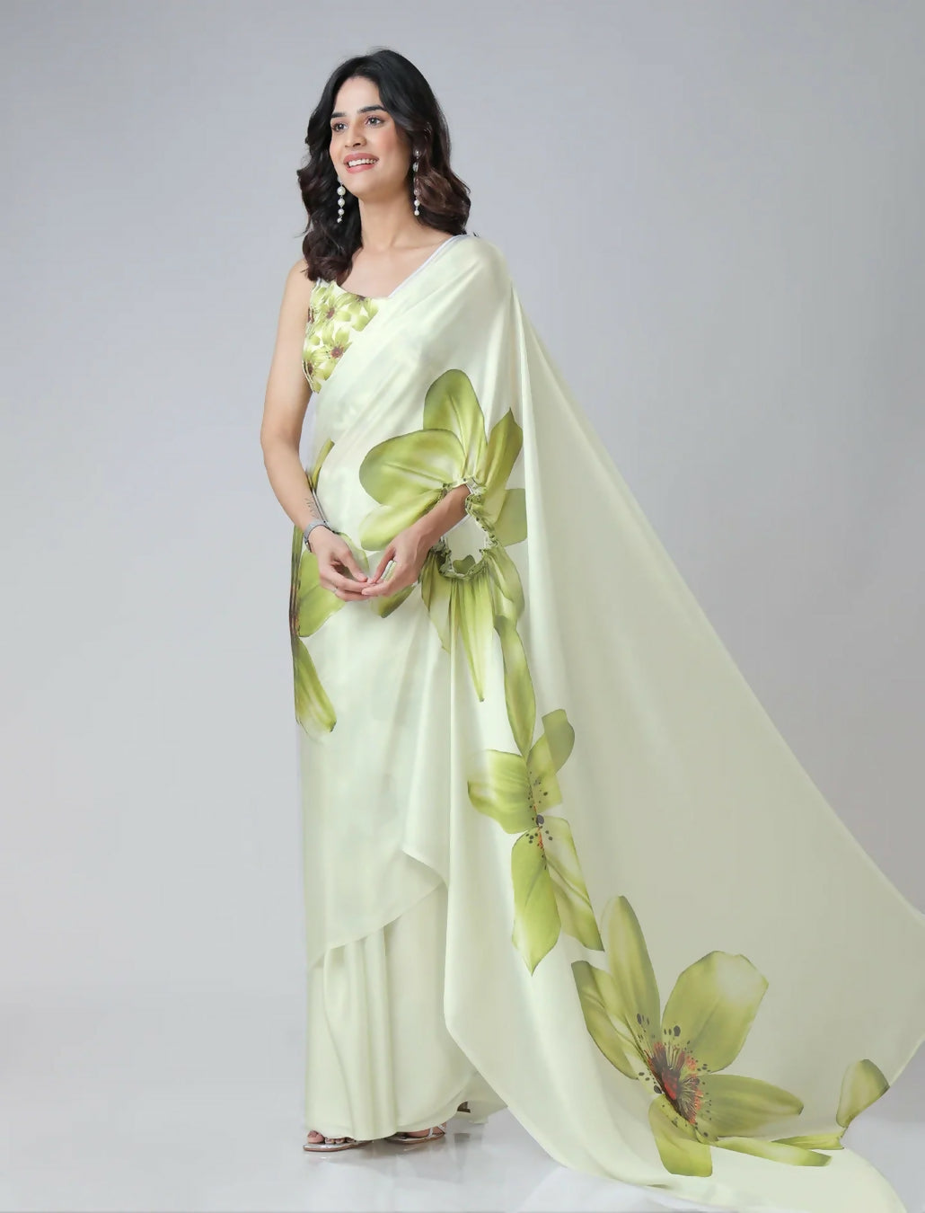 Vastranavya Mint Green Freehand Floral Print Ready to Wear Saree | Grocsy