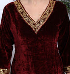 Miravan Women's Maroon Velvet Sequence Work Straight Kurta With Palazzo | Grocsy