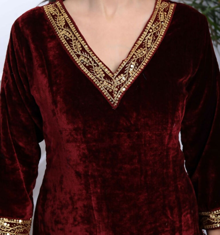 Miravan Women's Maroon Velvet Sequence Work Straight Kurta With Palazzo | Grocsy