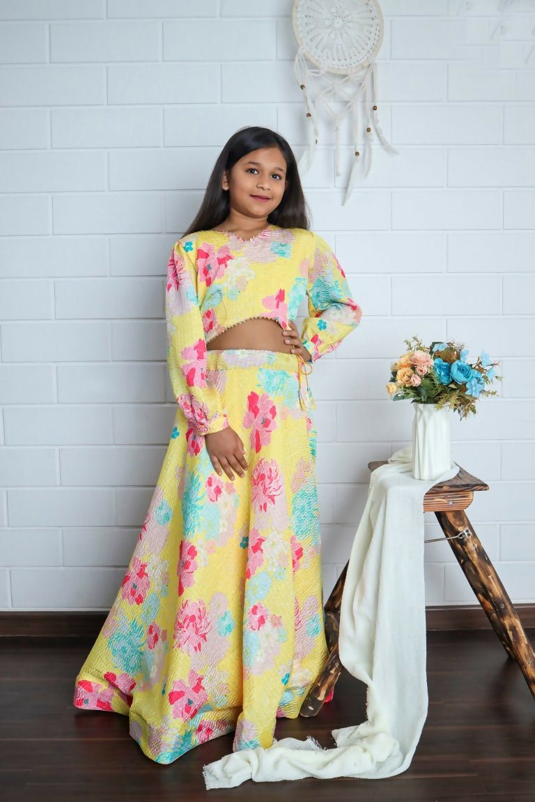 Aayaa Designer Printed Chinon Crochet Sequance Kids Lehenga Choli - Yellow | Grocsy
