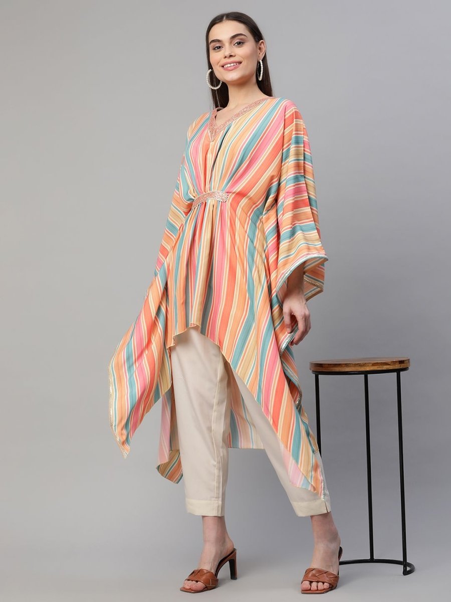 Ahalyaa Women Multi Color Crepe Striped Printed Kaftan Kurta With Trousers | Grocsy