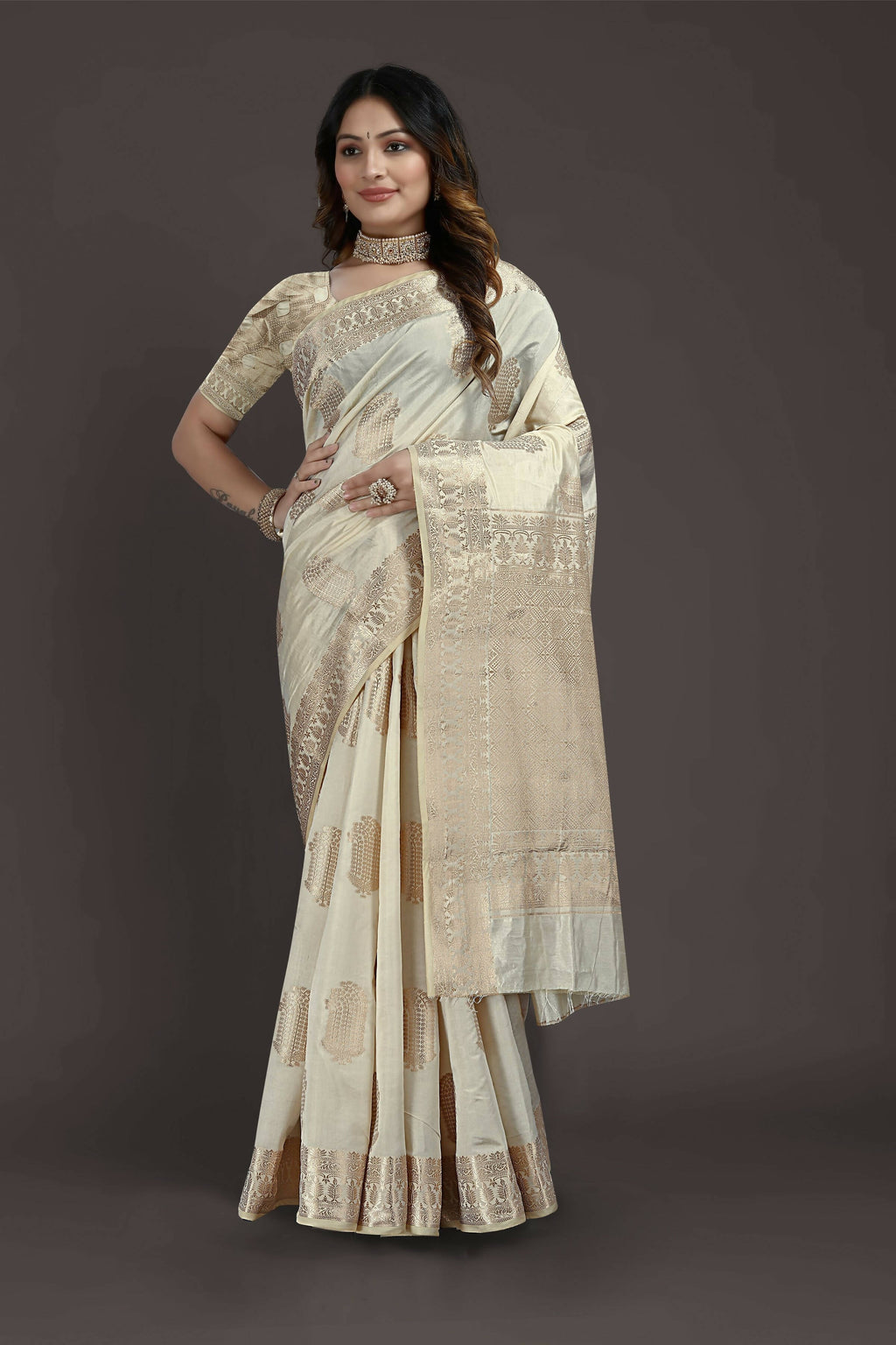 Off White Pure Raw Silk Zari Woven Saree with Unstitched Blouse Piece - Alisha | Grocsy