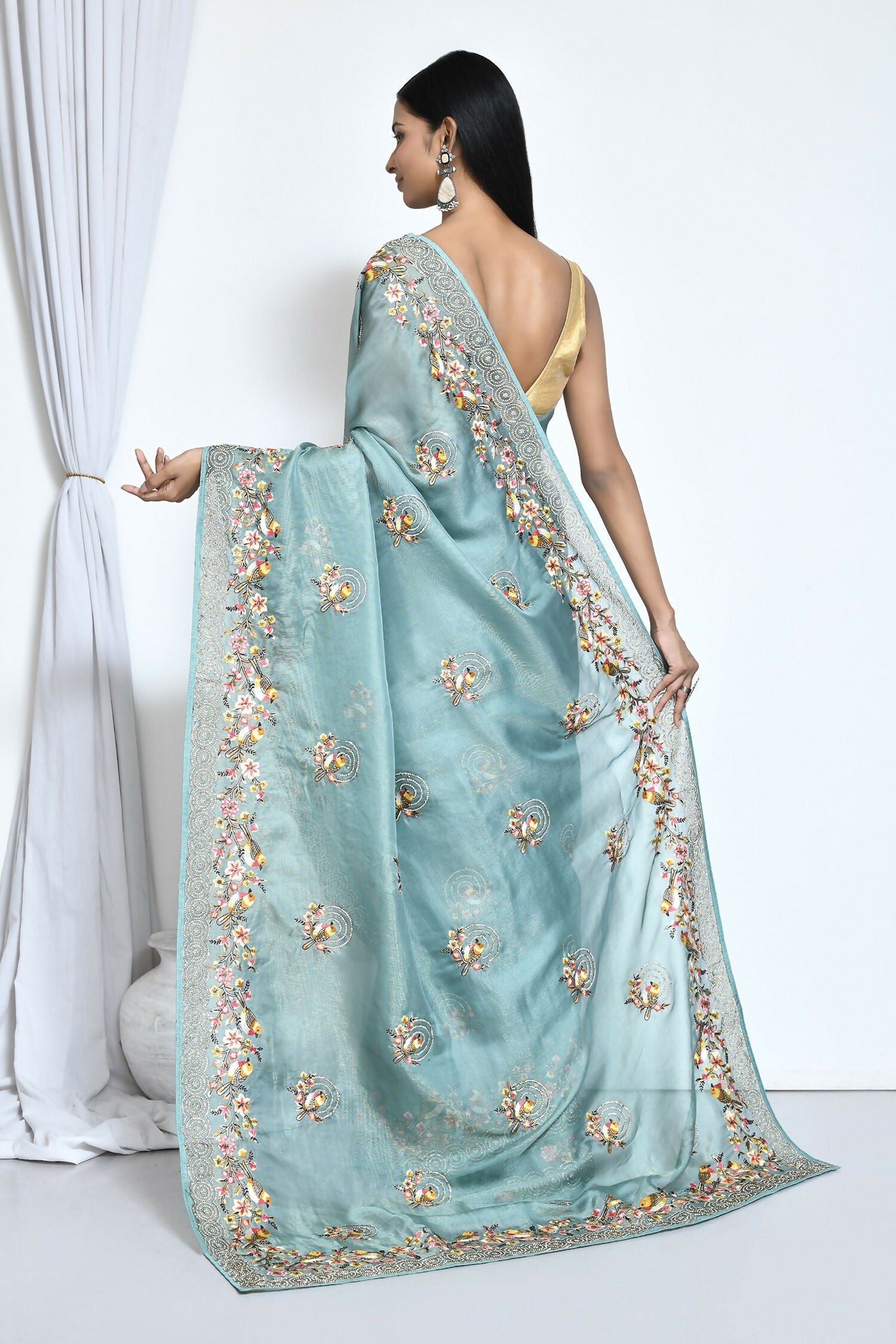 Blue Net Organza Silk Thread Emboidered with Stone Work Saree - Nimaya Benzy | Grocsy