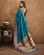 Vastranavya Blue Soft Paithani Silk Saree With Gold Zari Weaving Motifs With Matching Blouse Fabric | Grocsy