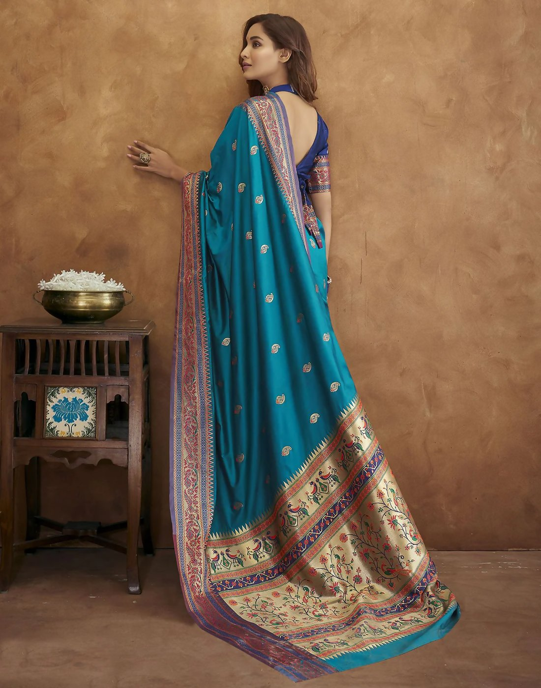 Vastranavya Blue Soft Paithani Silk Saree With Gold Zari Weaving Motifs With Matching Blouse Fabric | Grocsy