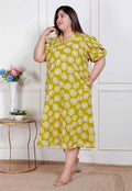 Miravan Plus Size Women'S Yellow Printed Puff Sleeve Floral Maxi Party Dress | Grocsy