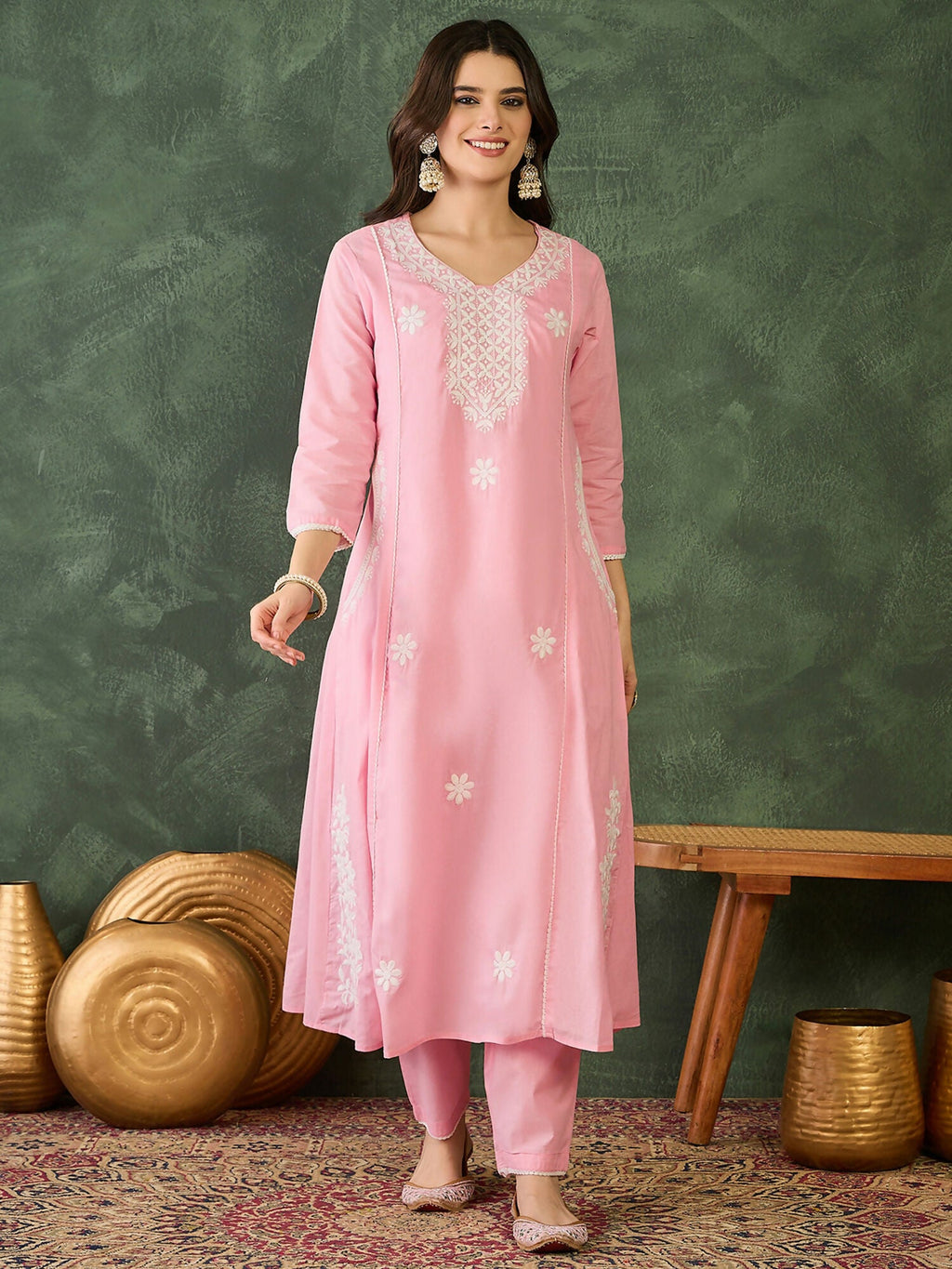 The52 Women's Beautiful Thread Work Cotton satin Fabric Flared Kurta Pant and Dupatta Set-Peach | Grocsy