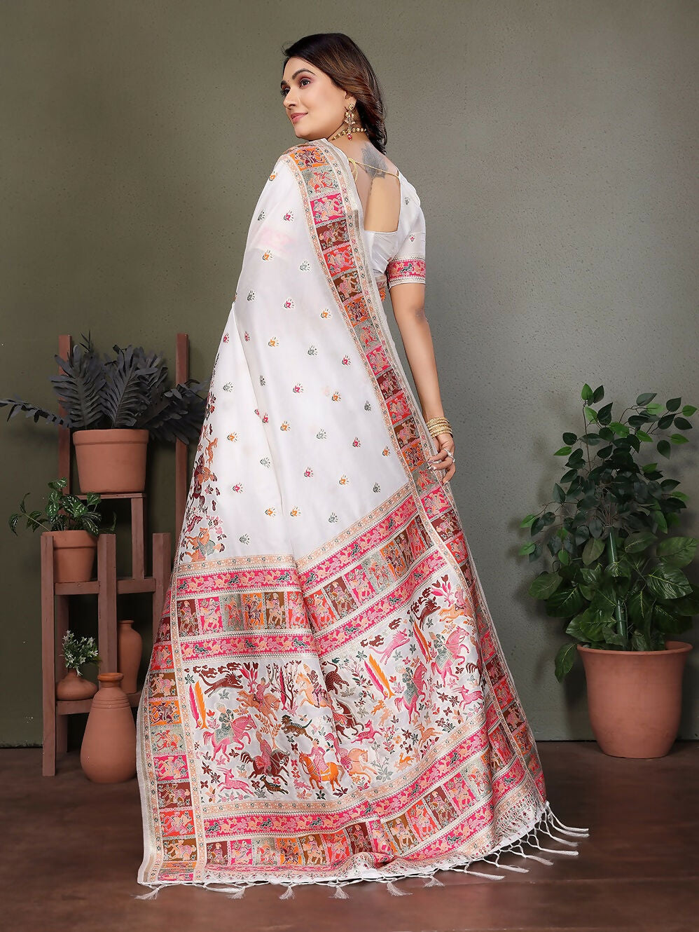 Joban Fashion White Thread Woven Pashmina Sarees | Grocsy