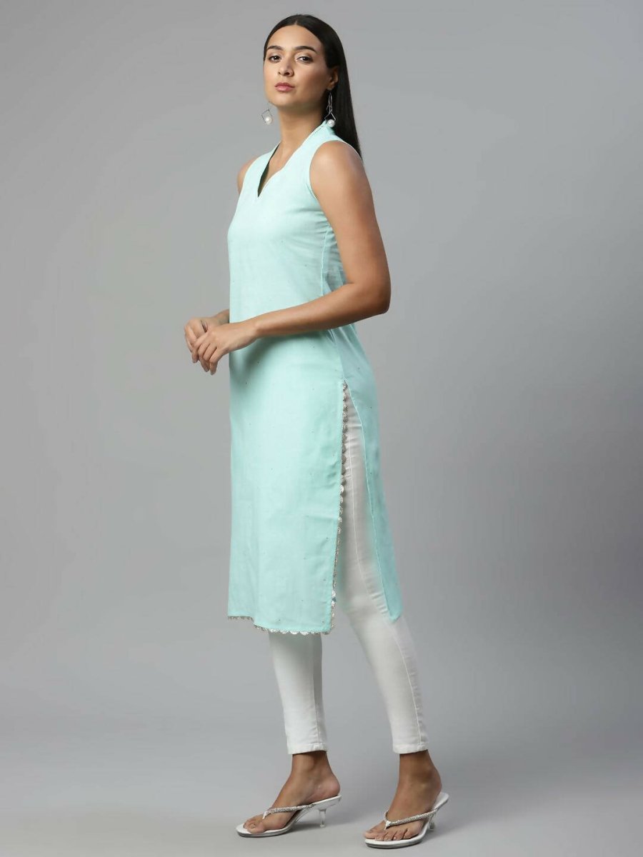 Ahalyaa Womens Summer Blue Pure Cotton Printed Kurtas | Grocsy