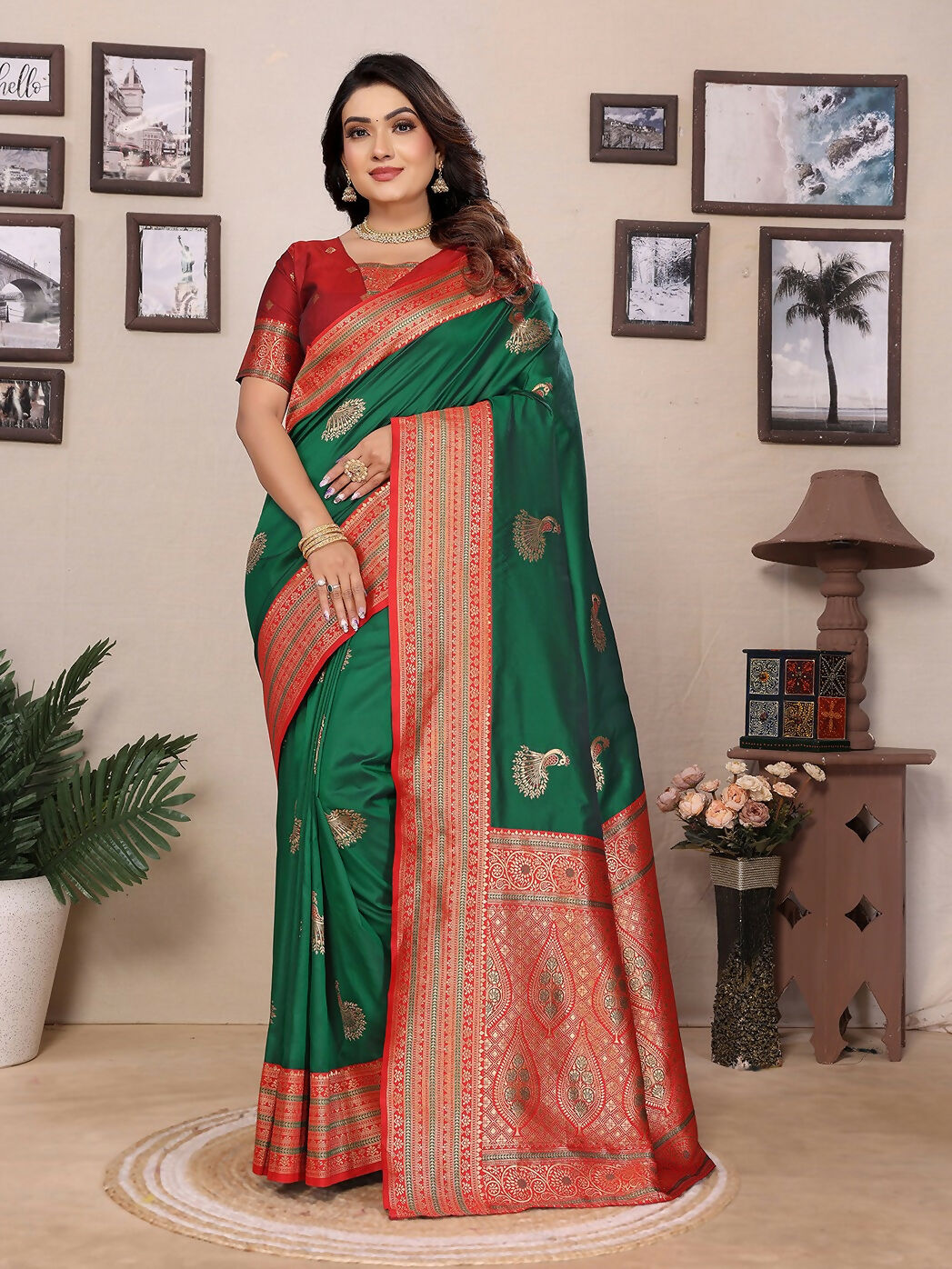 Joban Fashion Banarasi Green Small Butti Soft Silk Saree | Grocsy