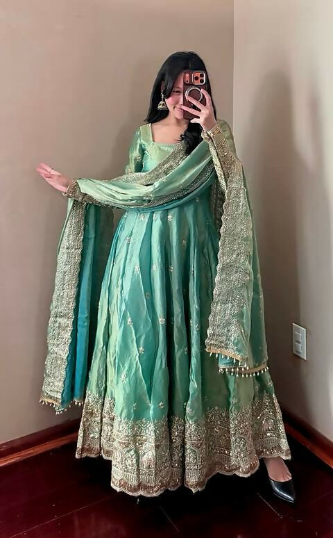 Teeya Creation Teal Fendy Silk Designer Heavy Work Wedding Wear Long Gown | Grocsy