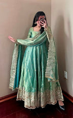 Teeya Creation Teal Fendy Silk Designer Heavy Work Wedding Wear Long Gown | Grocsy