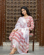 Kaajh Women's Pink Floral Cotton Handblock Salwar Suit Set | Grocsy