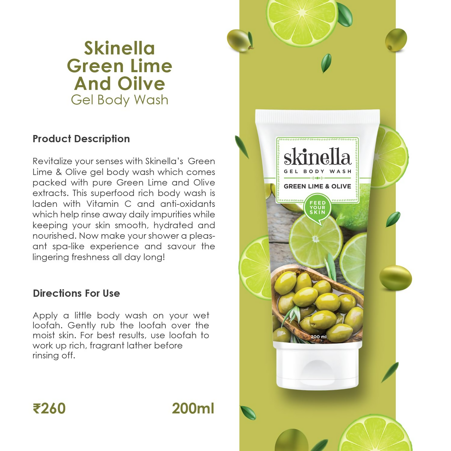 Skinella Gel Body Wash,Green Lime And Olive with Vitamins E & C | Grocsy