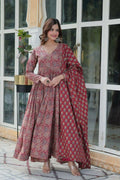 Vastranavya Maroon Pure Cotton Printed Top with Pant & Dupatta Set | Grocsy