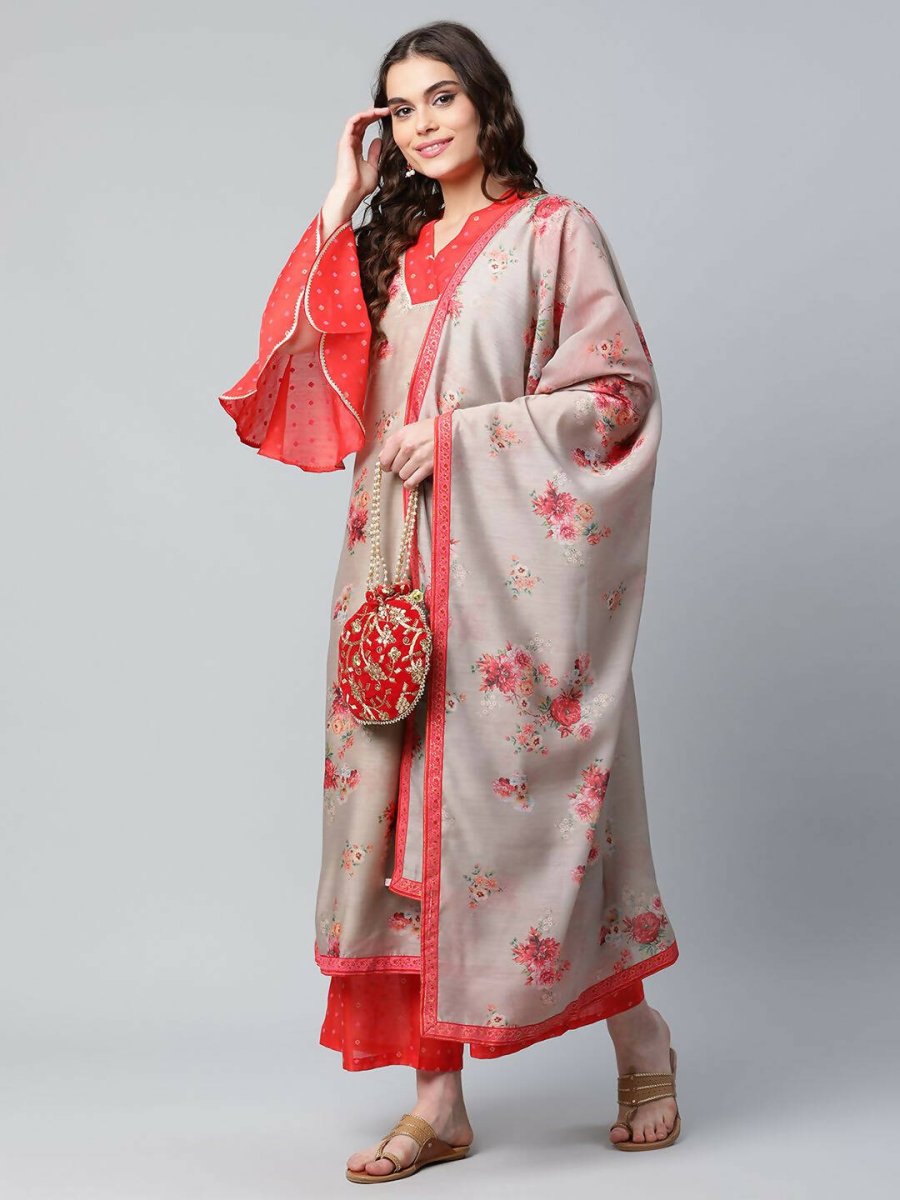 Ahalyaa Womens Chiku Chanderi Printed Kurta Palazzo Set | Grocsy