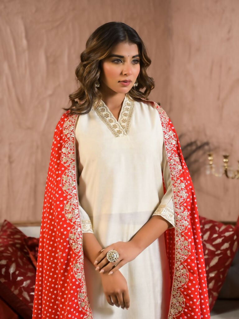 Ethnic Festive Wear Reyon Slub Off White Stitched Suit With Dupatta - Tanisha | Grocsy