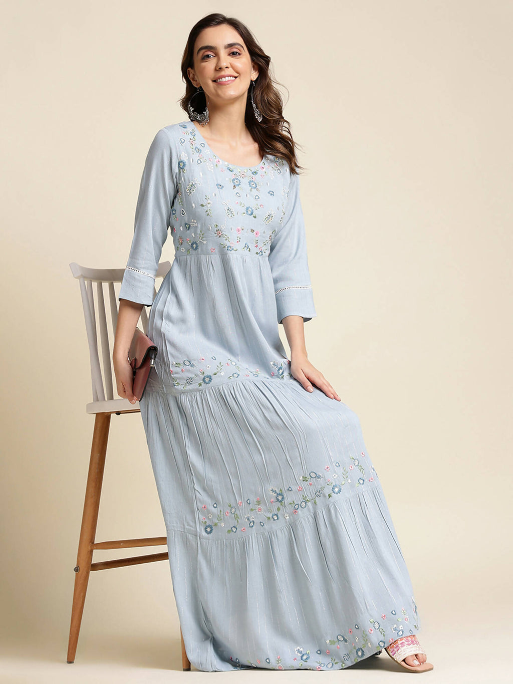 Sky Blue Chinon Floral Embroidered Dress - Nandani | Grocsy