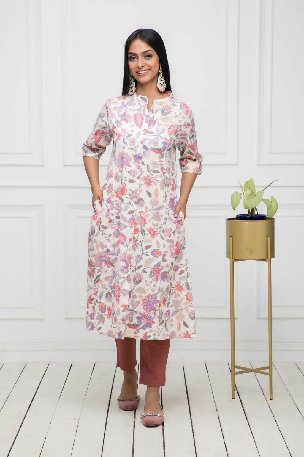 Myshka Women Cotton A-Line Round Neck Multi Floral Kurtas | Grocsy