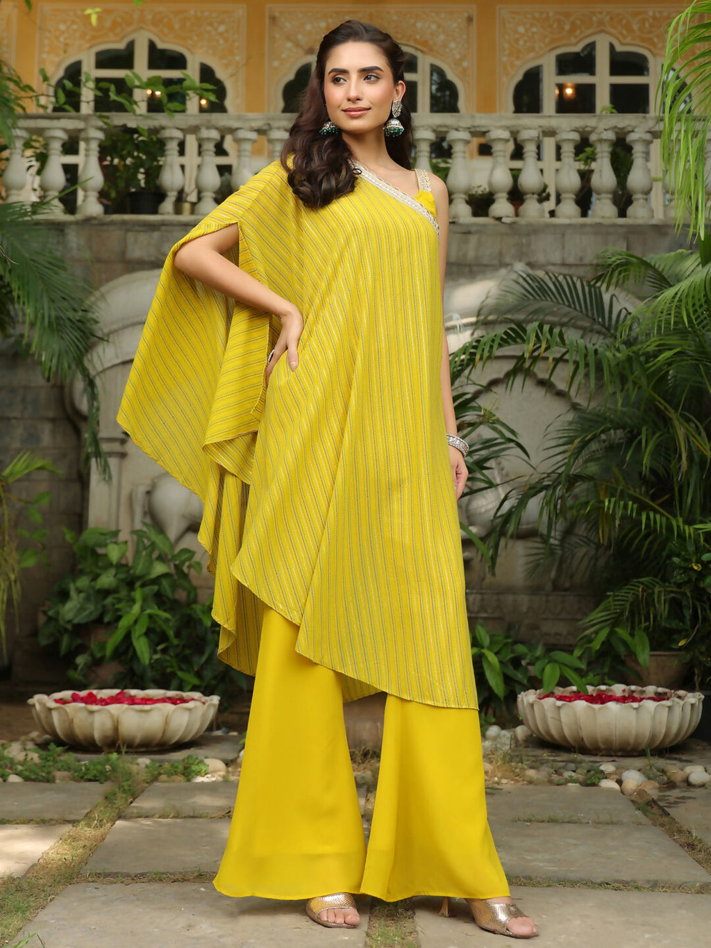 Janasya Yellow Georgette Solid Top Bottom Cape | Grocsy