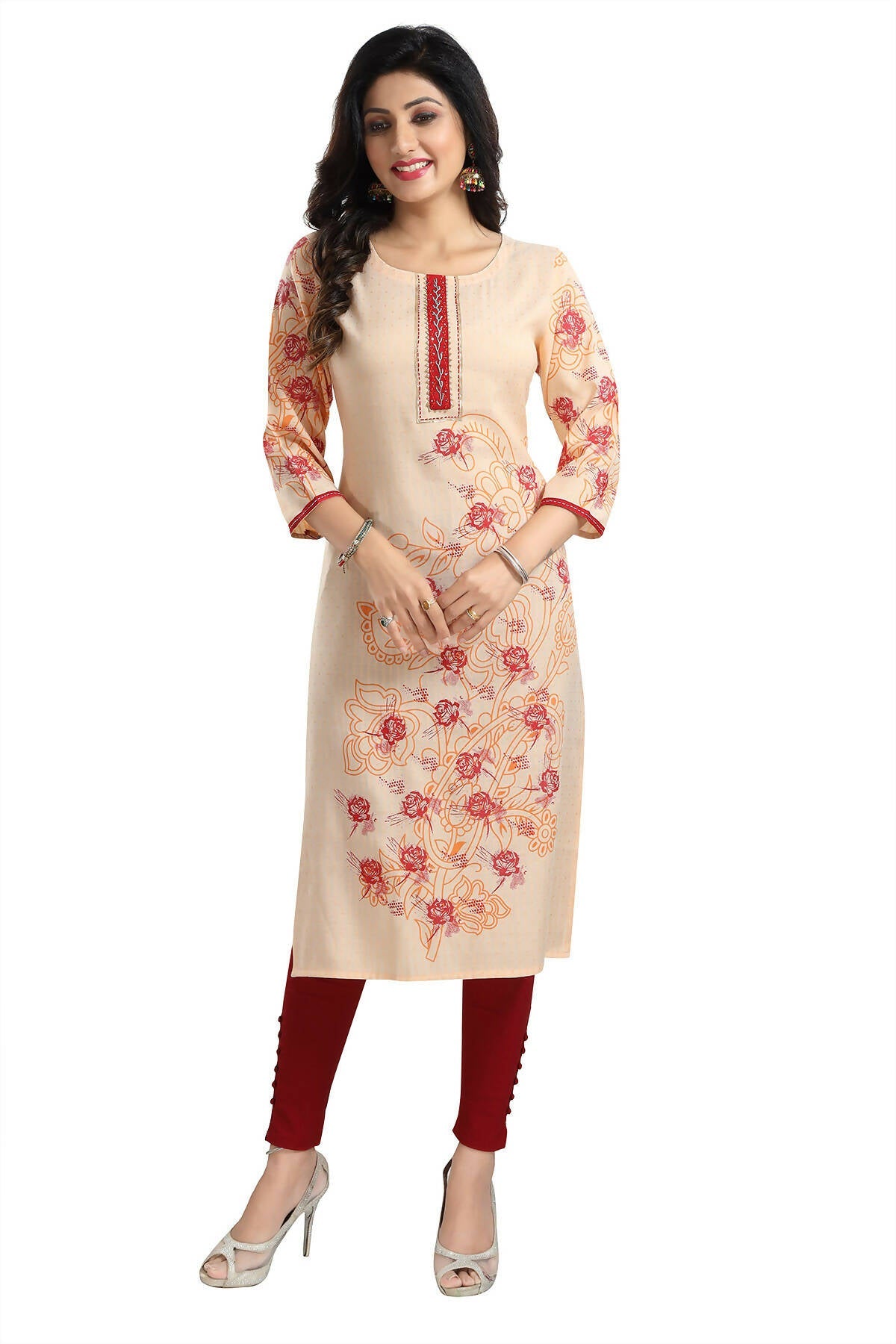 Snehal Creations Pleasing Peach Rayon Textured Print Long Kurta For Women | Grocsy
