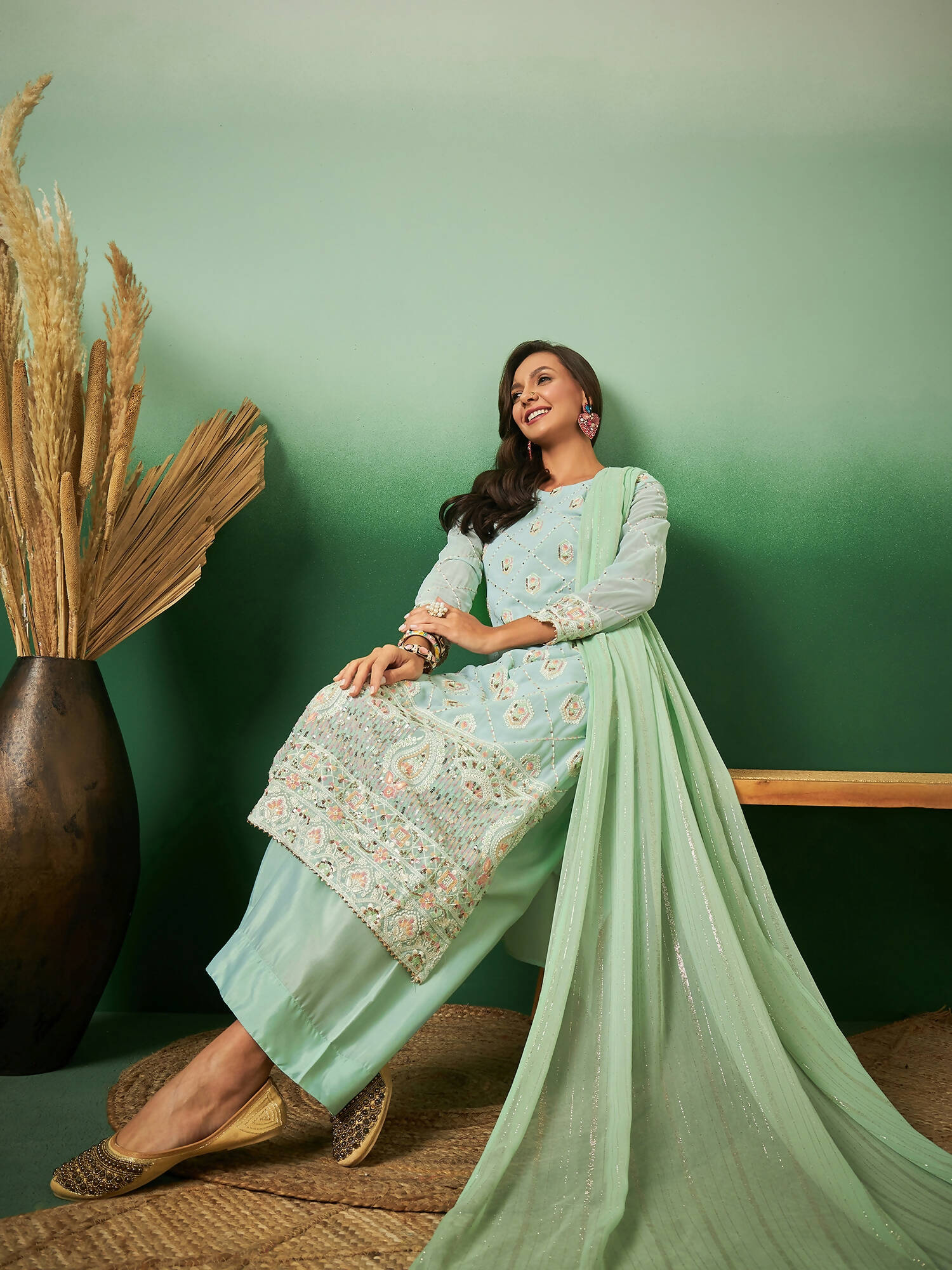 Sea Green Georgette Handwork Unstitched Dress Material - Hanika | Grocsy