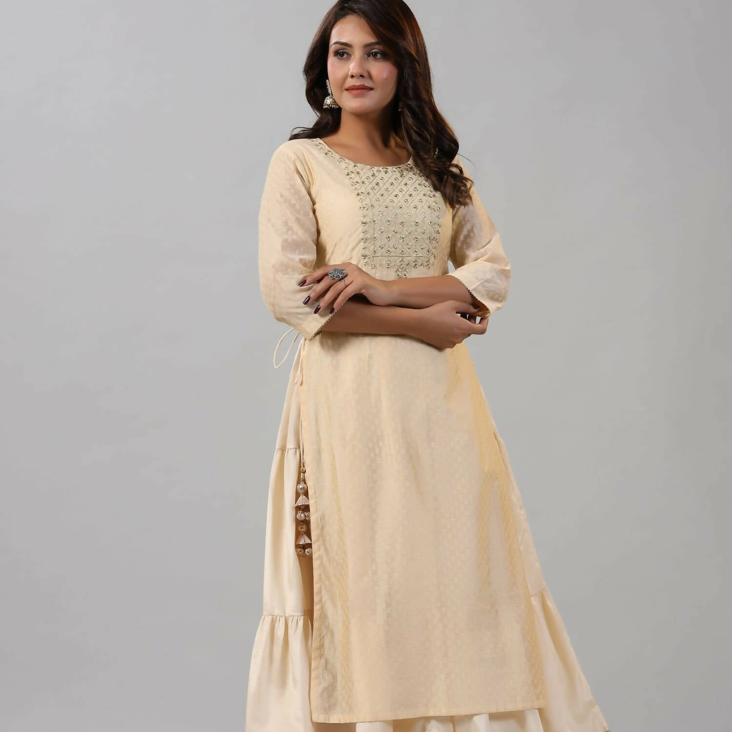 Juniper Women Gold Chanderi Printed Layered Maxi Dress with Embroidered Yoke | Grocsy