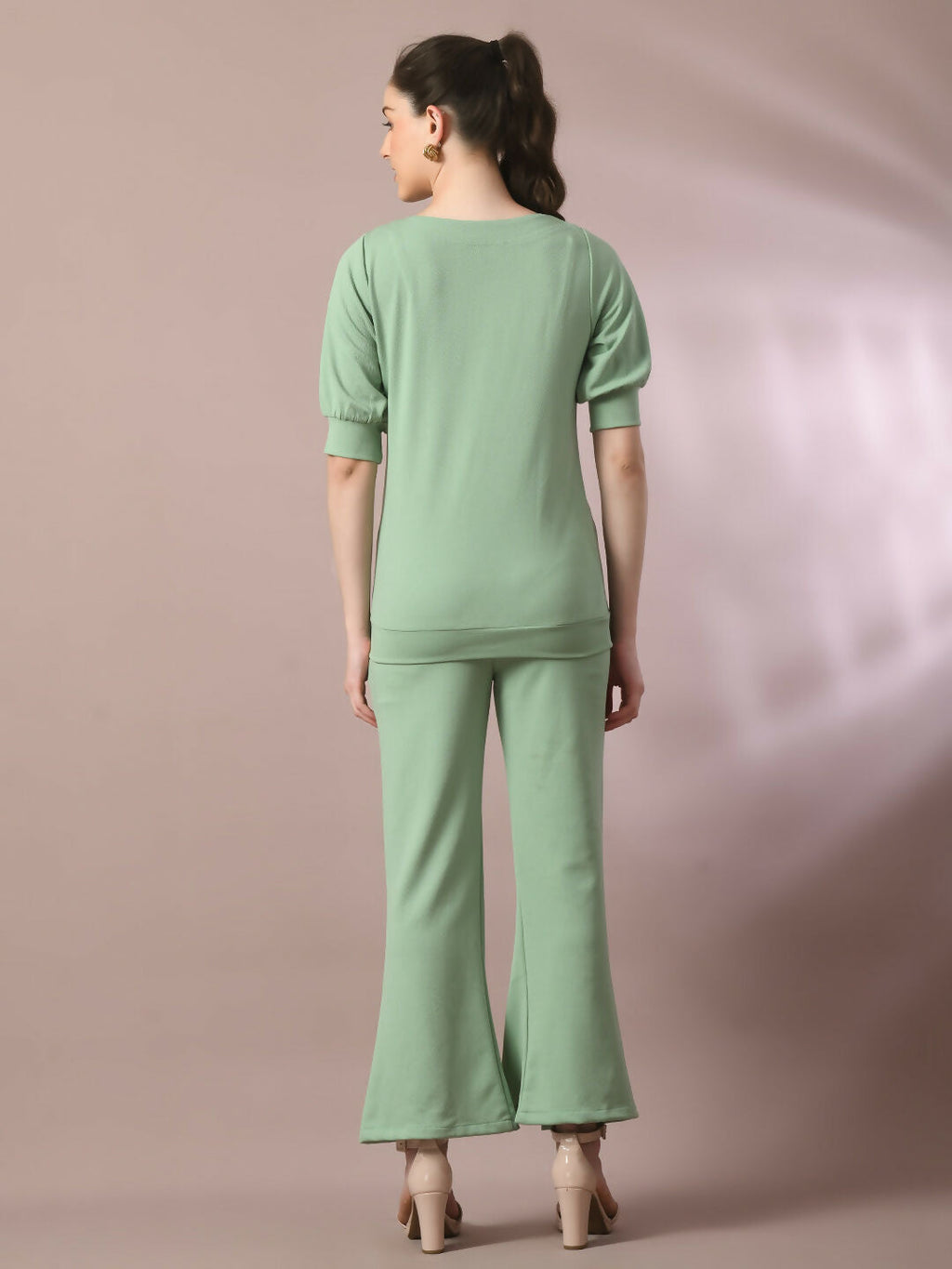 Myshka Women's Sea Green Solid Boat Neck Party Top With Trousers Co-ord set | Grocsy