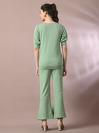 Myshka Women's Sea Green Solid Boat Neck Party Top With Trousers Co-ord set | Grocsy