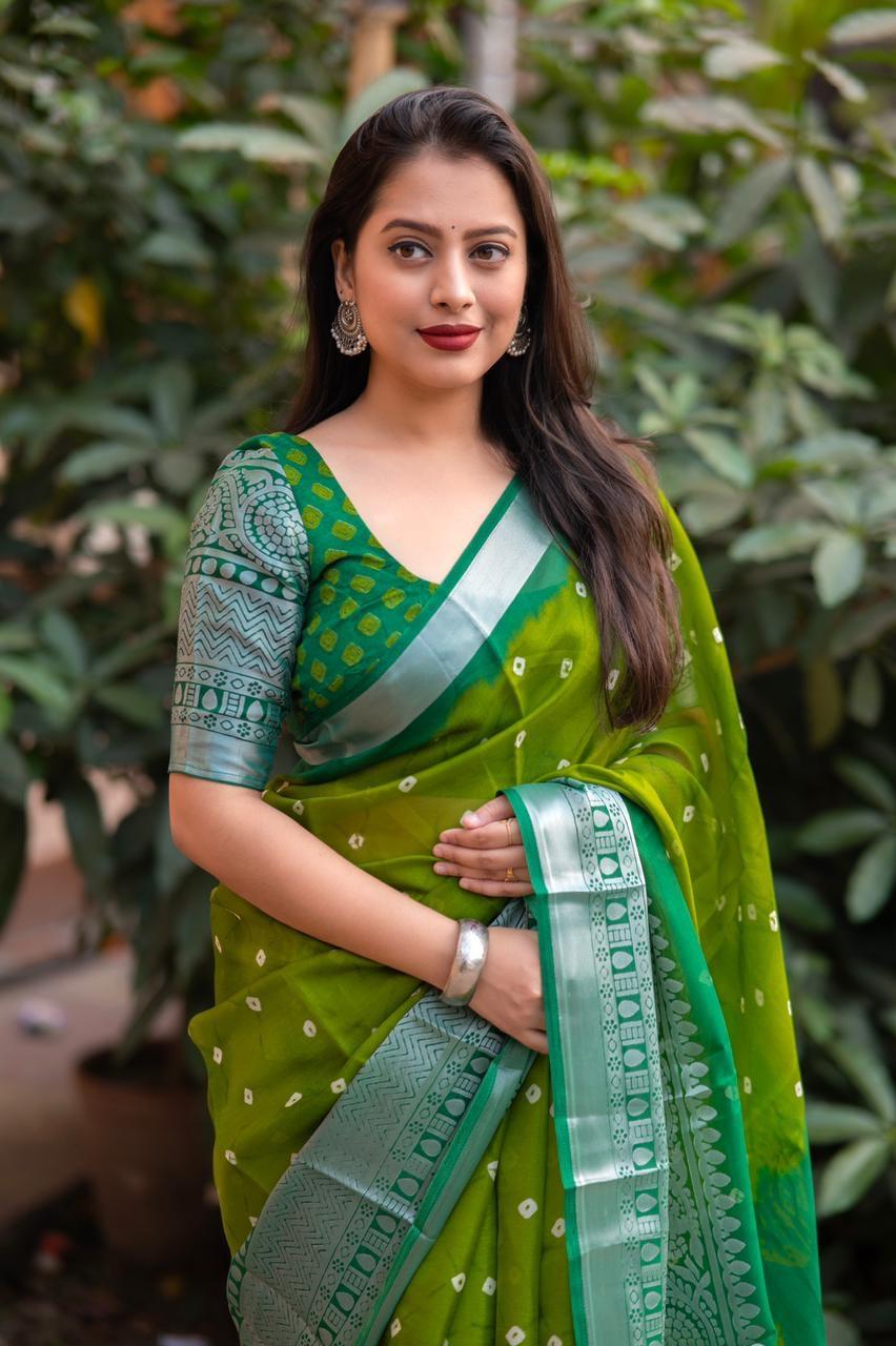 Green Jute Silk Ethnic Motifs Saree with Unstitched Blouse - Hiral Fashion | Grocsy