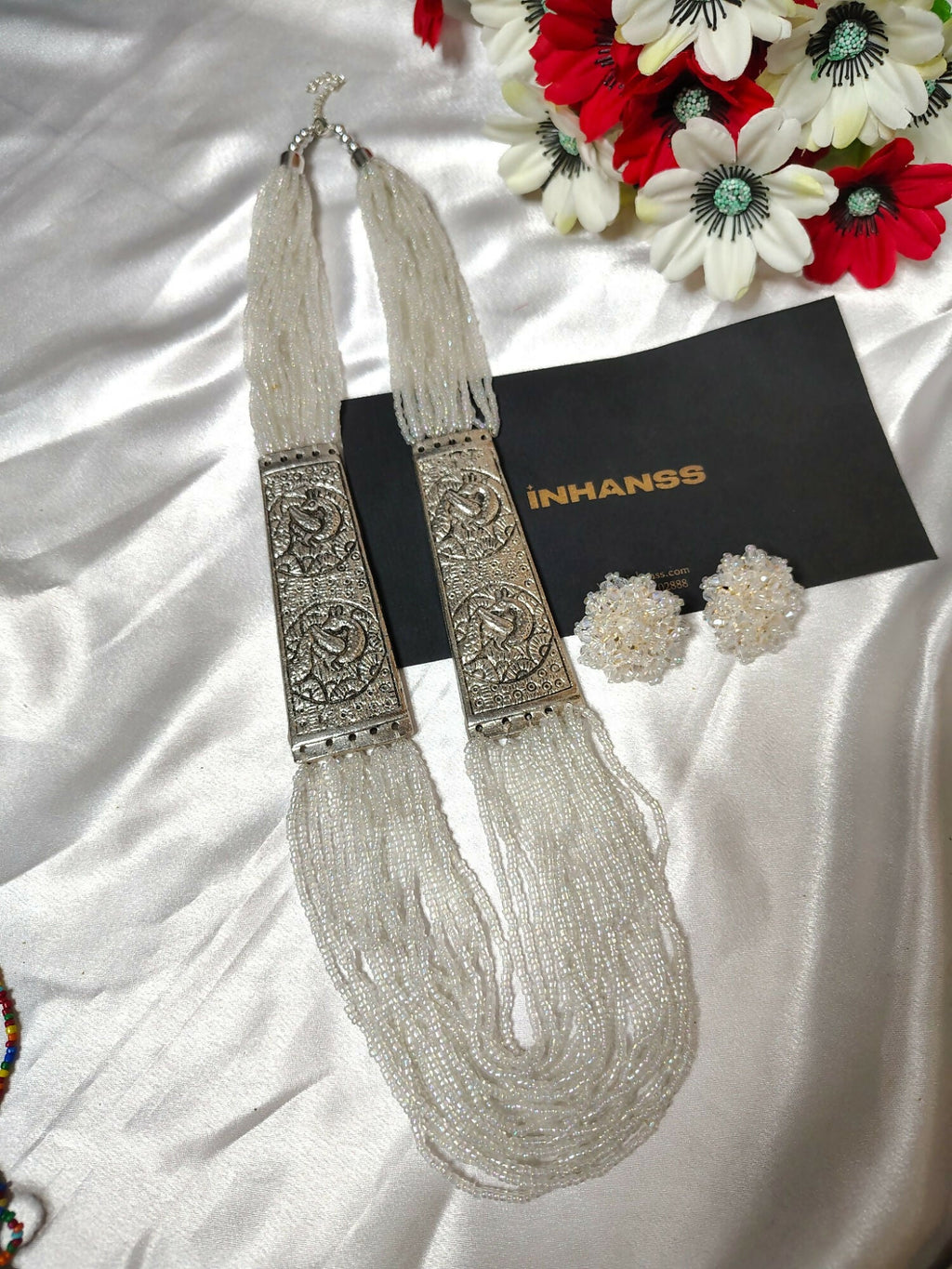 Inhanns Saree Shobha Statement Necklace & Earring Set - White Necklace With Earrings | Grocsy