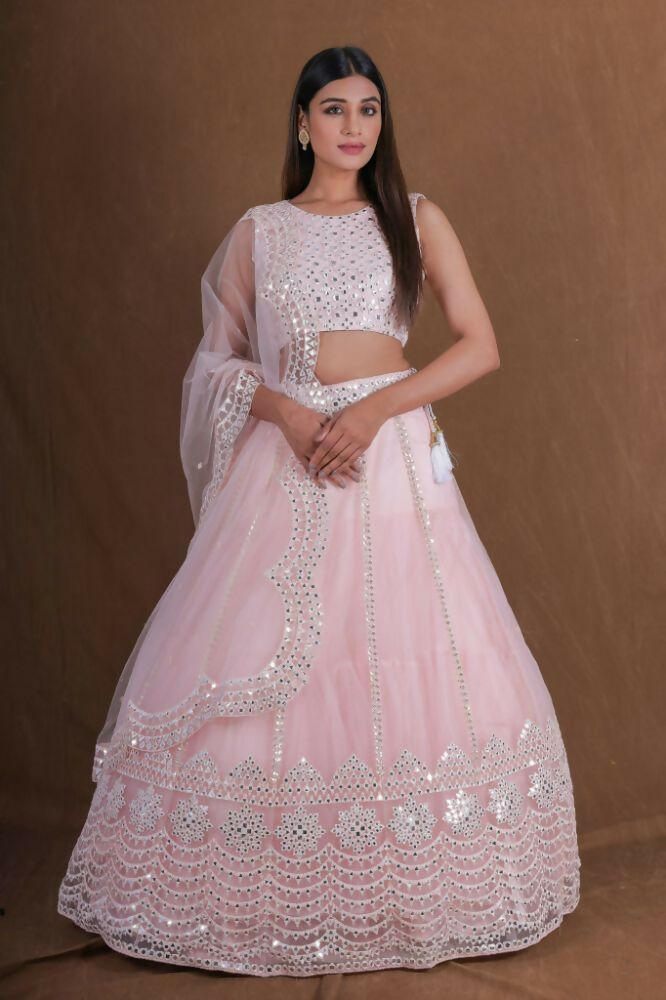 Pink Zari Foil Mirror Embroidery Work Lehenga Choli With Dupatta - Jihu Culture | Grocsy