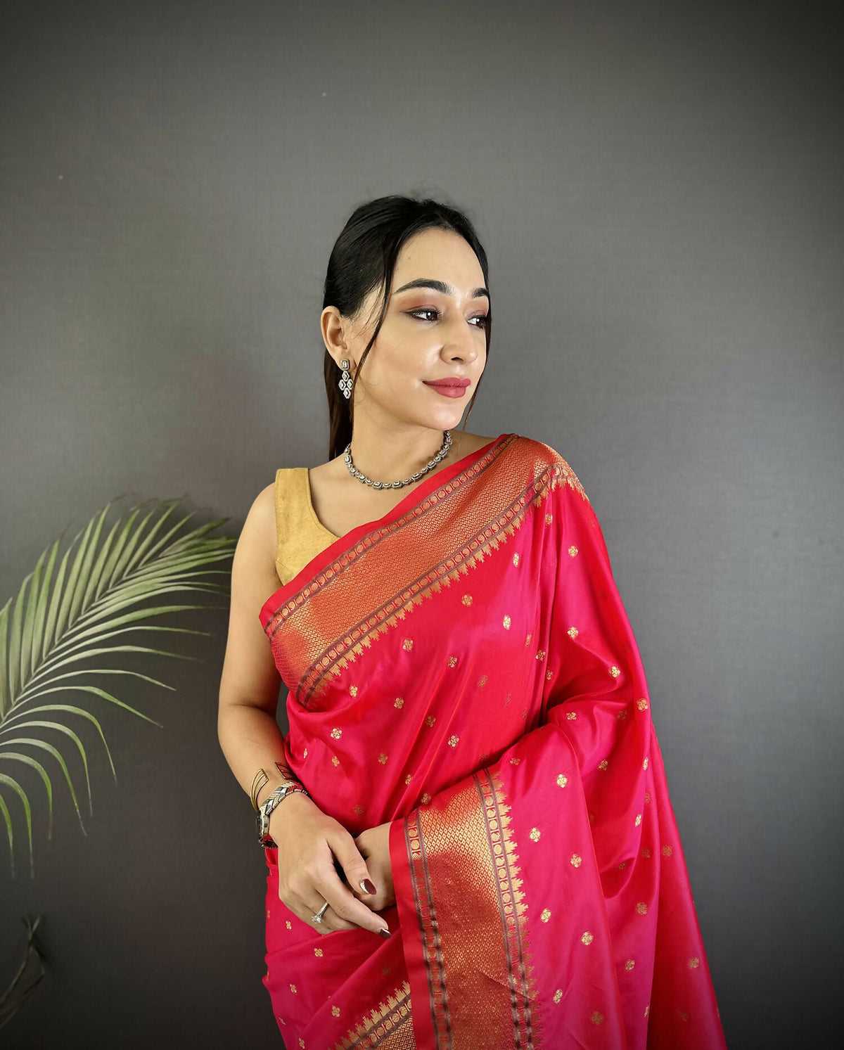 Joban Fashion Magenta Pink Butti Woven Soft Lichi Silk Paithani Saree | Grocsy