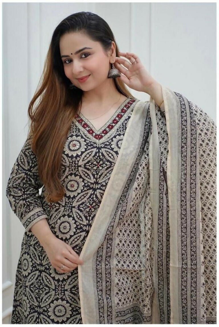 Alvano Anarkali Printed Kurti with Pant and Dupatta set for Women and Girls Rayon | Grocsy
