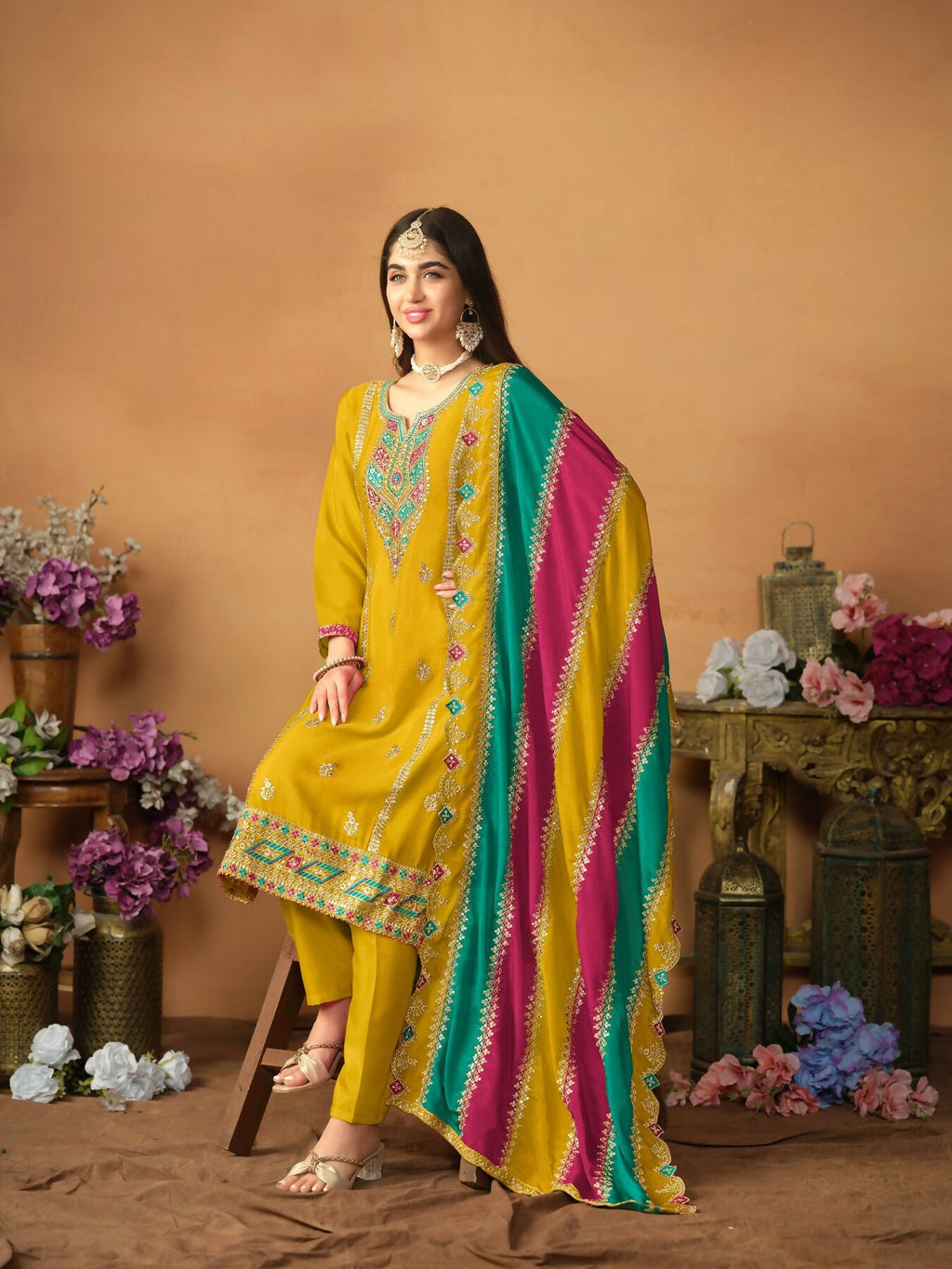 Anaita Mustard Embroidered Soft Organza Salwar Suit | Grocsy
