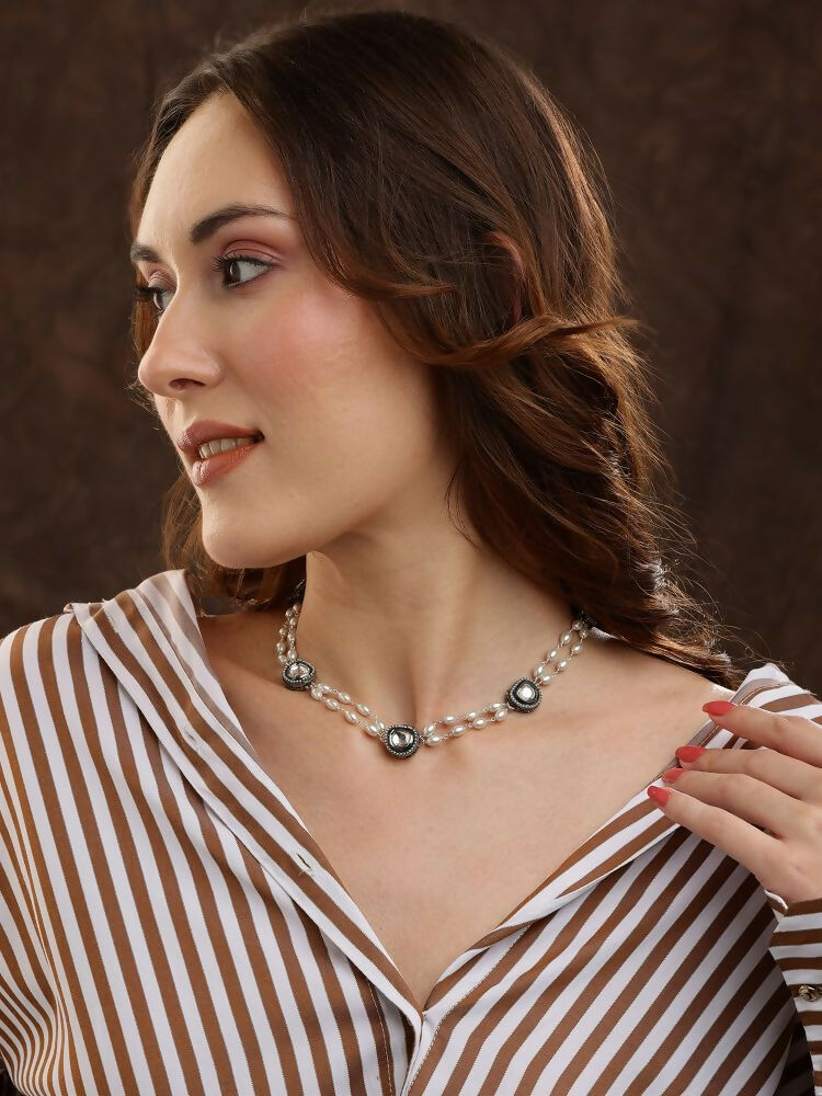 Rhodium Plated Kundan Necklace - Ruby Raang | Grocsy