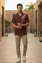 Solvra — Brown Floral Embroidered Cotton Shirt by Hilo Design | Grocsy