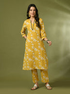 Myshka Women's Yellow Printed Cotton Straight Party Kurta Set | Grocsy